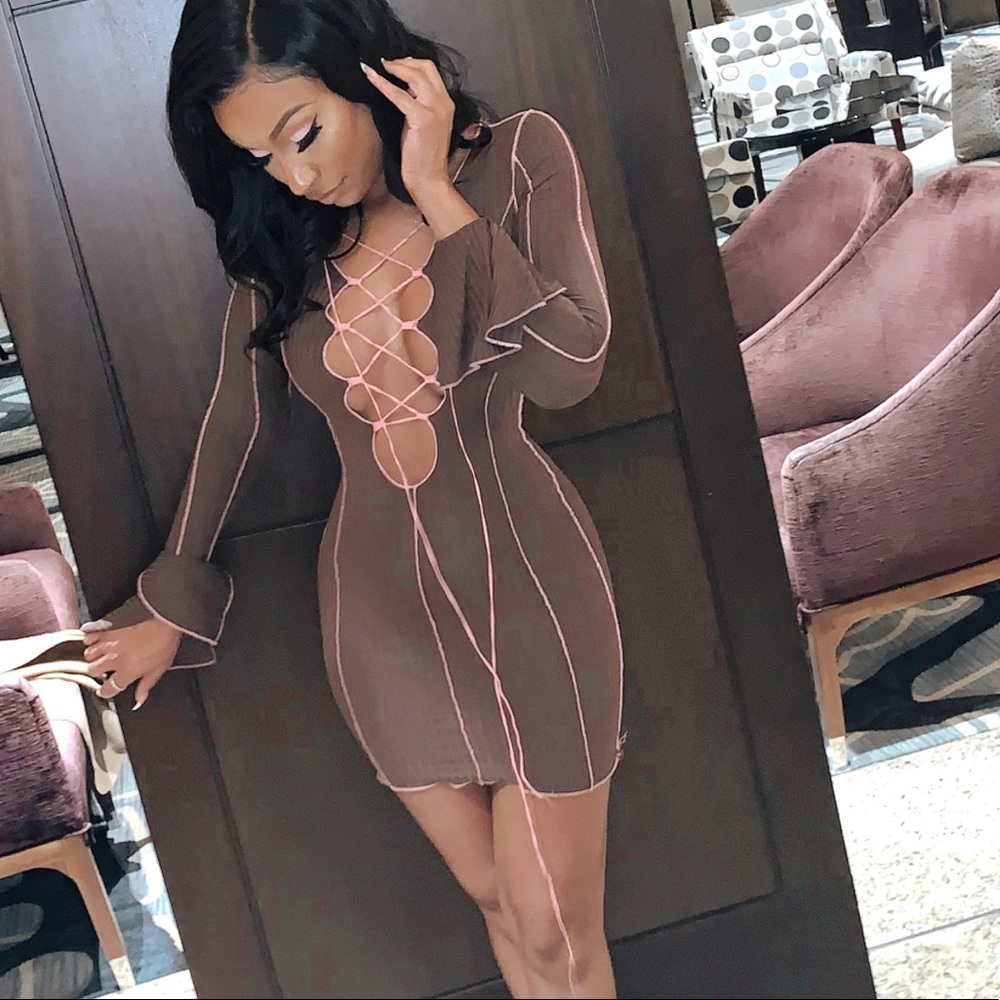 Pink and brown lace up mini dress